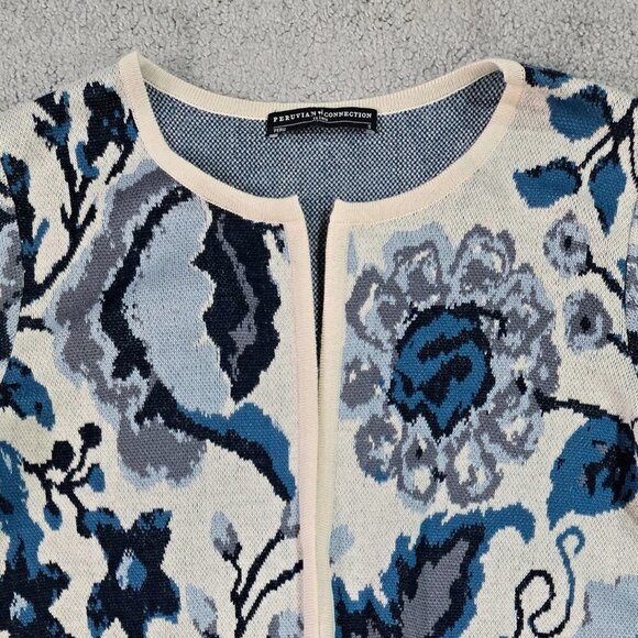 Peruvian Connection 100% Pima Cotton Blue Floral Longline Cardigan Duster Boho - Picture 3 of 8